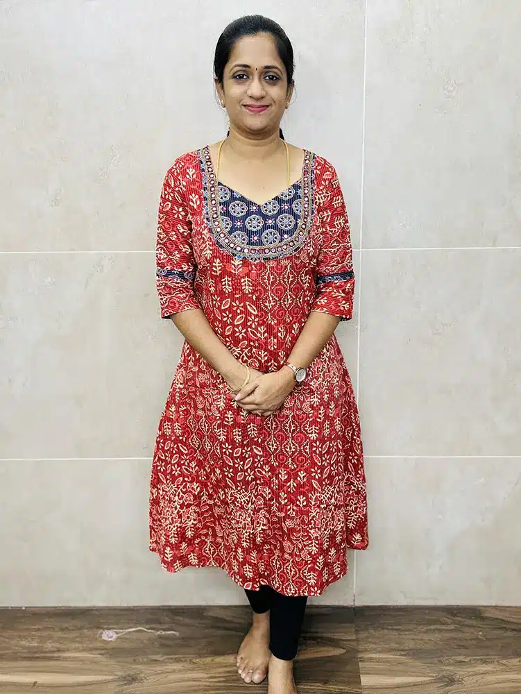 Hand block printed cotton top with heavy hand embroidered yoke (Aline pattern)