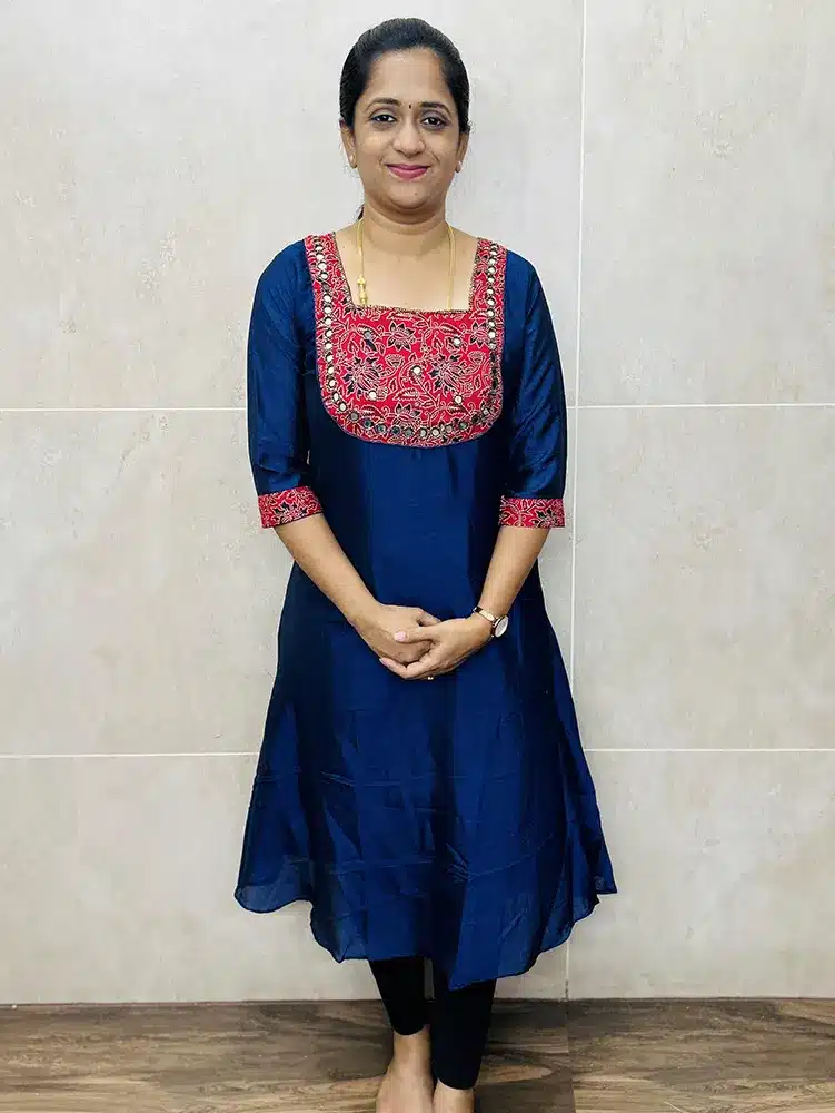 Semi soft silk top with handworked cotton ajrakh patchwork on yoke (Aline pattern)