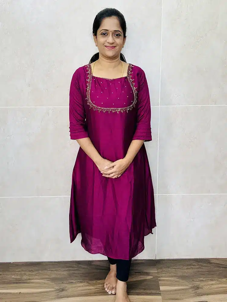 (Purple) Soft semi silk kurti with beautiful handwork on yoke with crepe lining (Aline pattern)