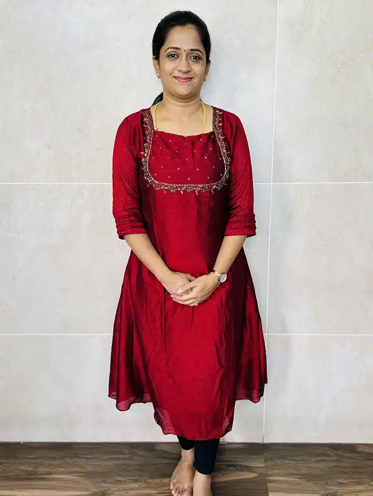 (Maroon) Soft semi silk kurti with beautiful handwork on yoke with crepe lining (Aline pattern)