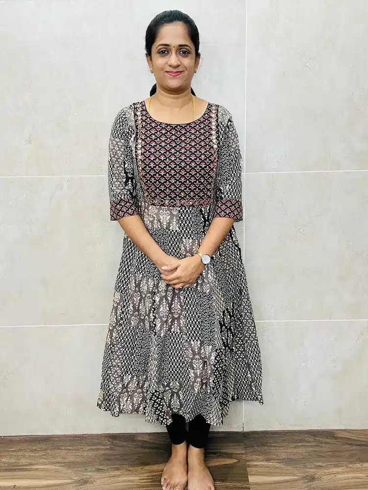 (Grey) Handblock printed cotton top with heavy handworked yoke (Anarkali pattern)