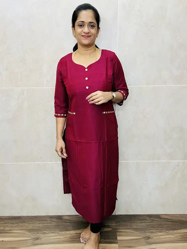 Premium silk cotton top (cotton lining) with beautiful machine embroidered work (straight cut) - 2 front pockets