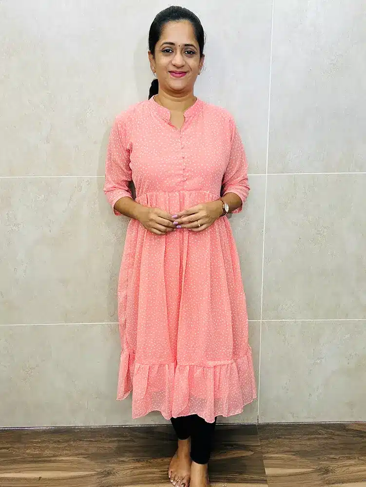 Printed Georgette top (crepe lining) with potli buttons on yoke and frill patterned flare (gown pattern)