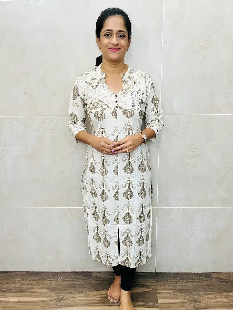 Brown - Premium printed cotton top with fancy buttons on yoke (straight cut)