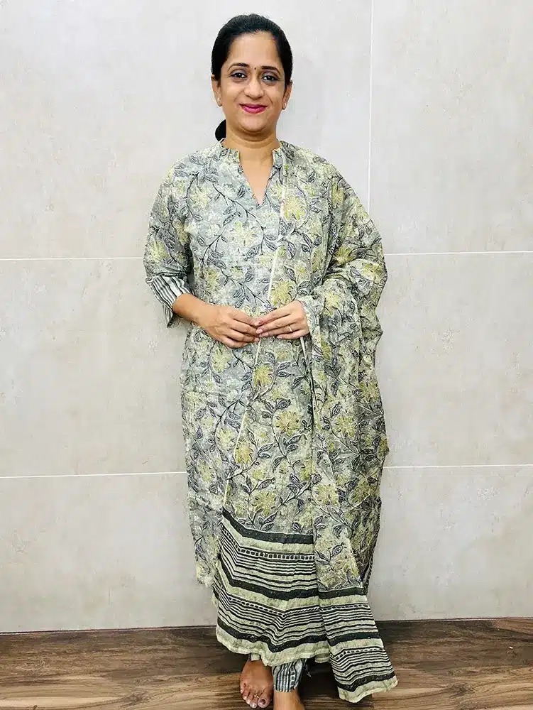 Natural dyed handblock printed cotton top (cotton lining) with printed cotton dupatta and cotton bottom (straight cut)