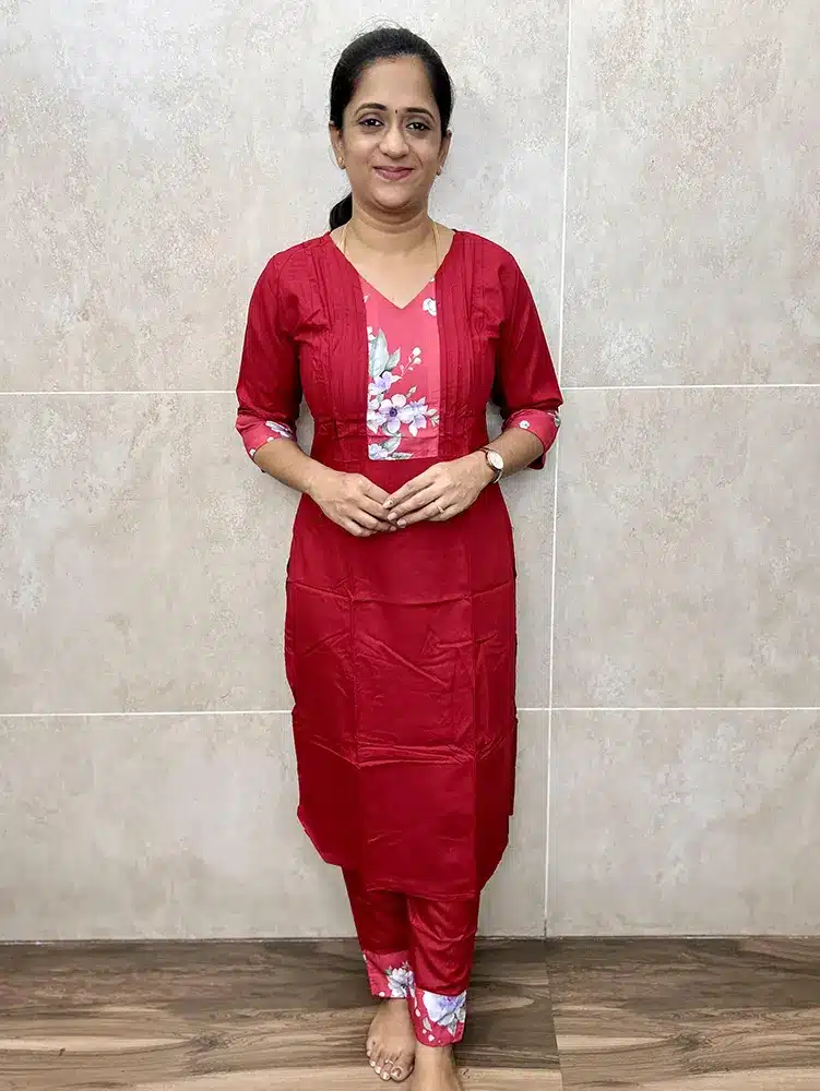 Royal red - Imported premium rayon top with pintuck embroidery and patchworked yoke paired with imported rayon bottom (straight cut)