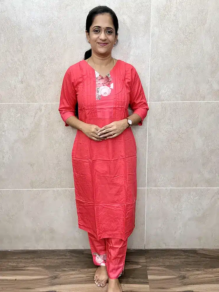 Dark peach - Imported premium rayon top with pintuck embroidery and patchworked yoke paired with imported rayon bottom (straight cut)