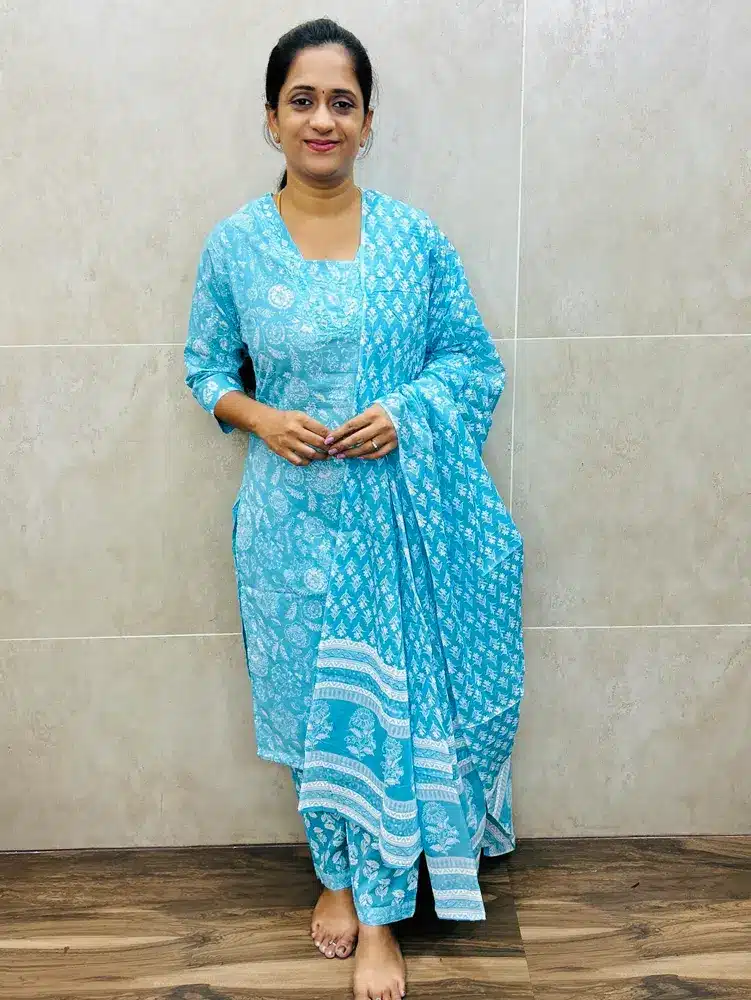 Handblock printed pure Jaipur cotton top with printed cotton dupatta and printed cotton bottom (1-side pocket)