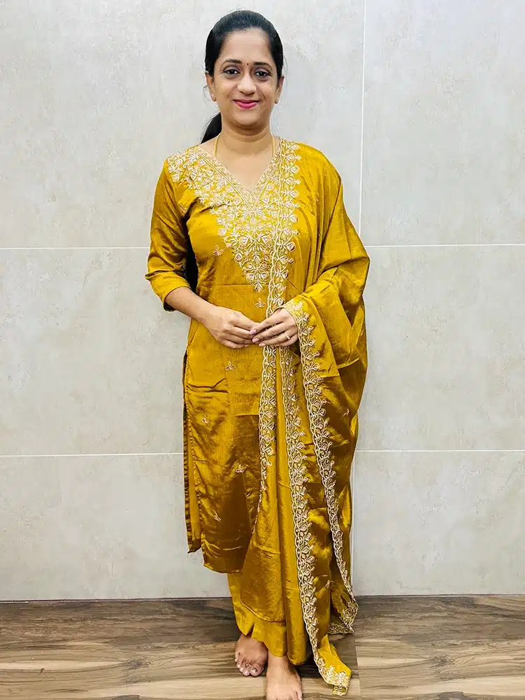 Premium chinon silk top (crepe lining) with beautiful embroidered yoke paired with embroidered chinon silk dupatta and silk bottom (straight cut)