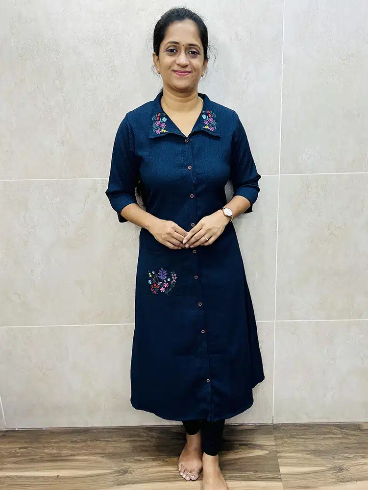 Blue - Imported stretchable Rayon top with embroidery on collar, front pocket and back shoulders and full front open buttons (Aline gown pattern)