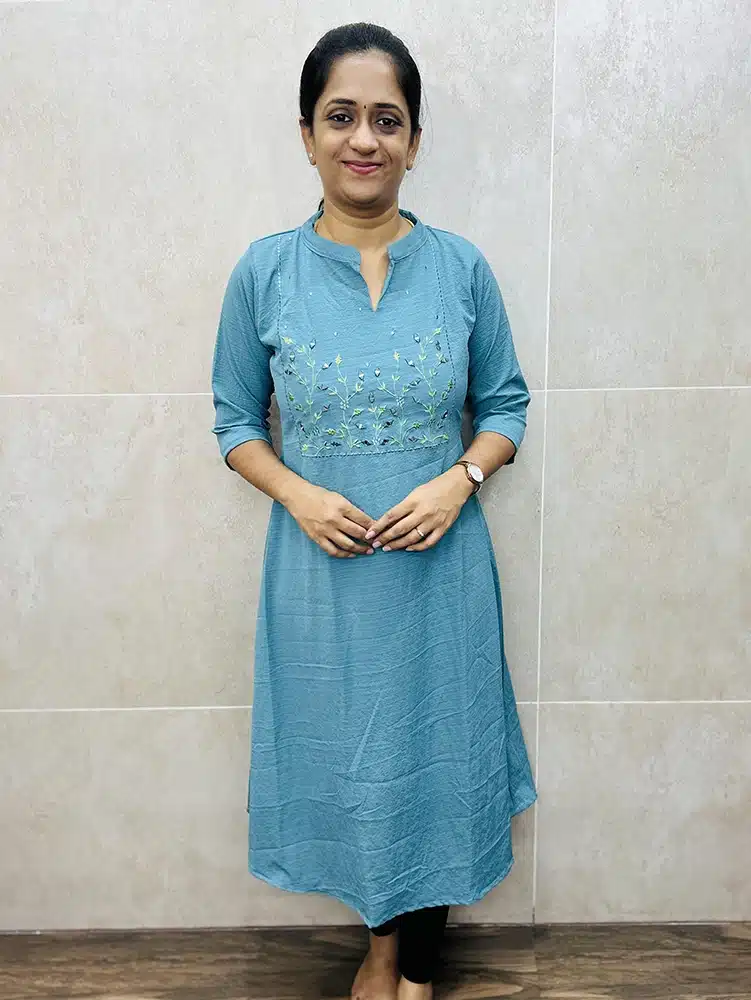 Sea green - Imported Rayon top (crepe lining) with embroidery and mirror work on yoke (Aline Gown pattern)