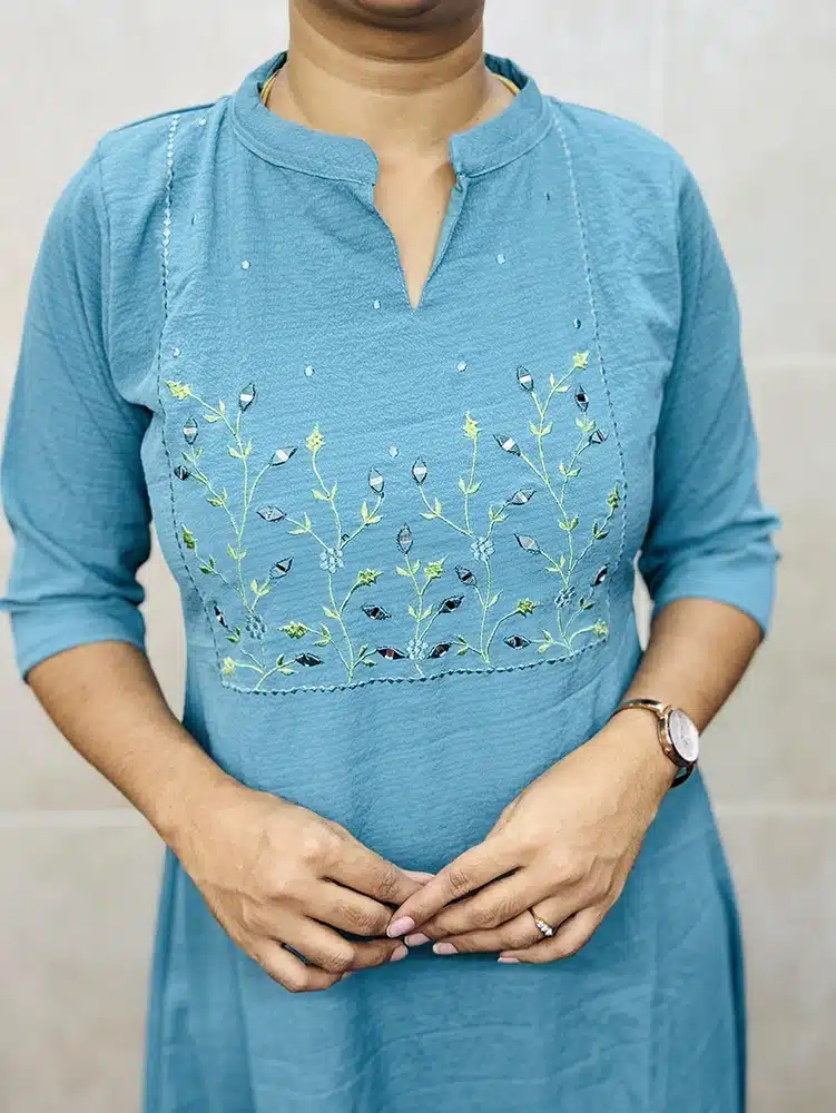 Sea green - Imported Rayon top (crepe lining) with embroidery and mirror work on yoke (Aline Gown pattern) - Image 2