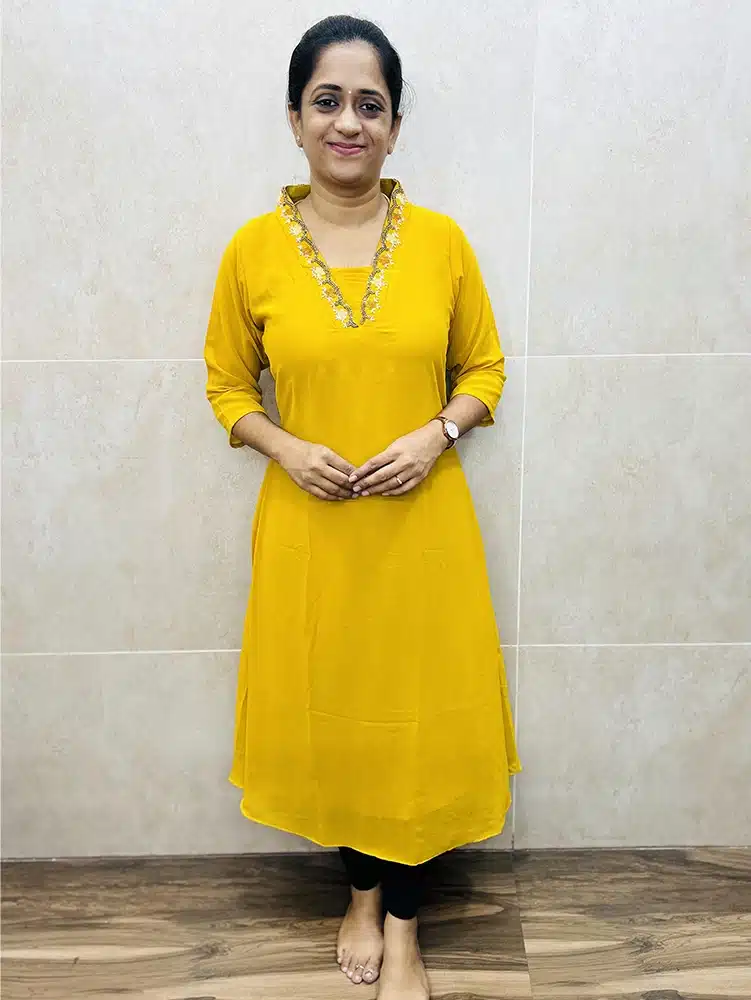 Yellow - Faux Georgette top (crepe lining) with very beautiful handwork on yoke (Aline semi Anarkali pattern)