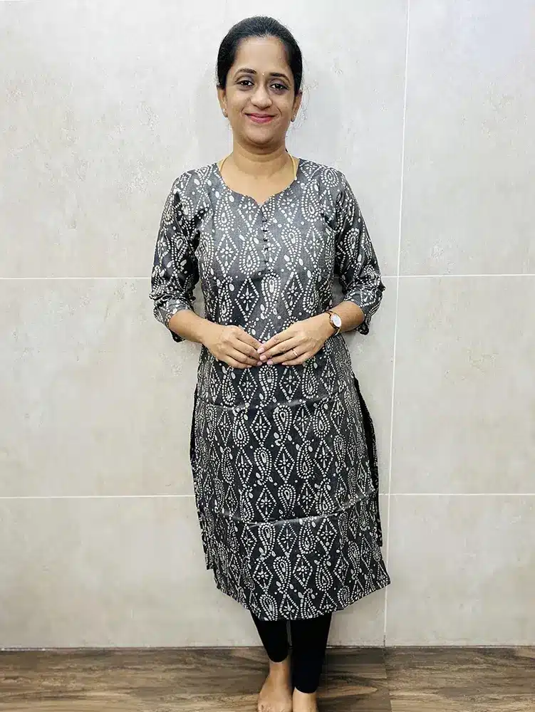 Batik printed soft semi tussar top (cotton lining) with potli work on yoke (straight cut)