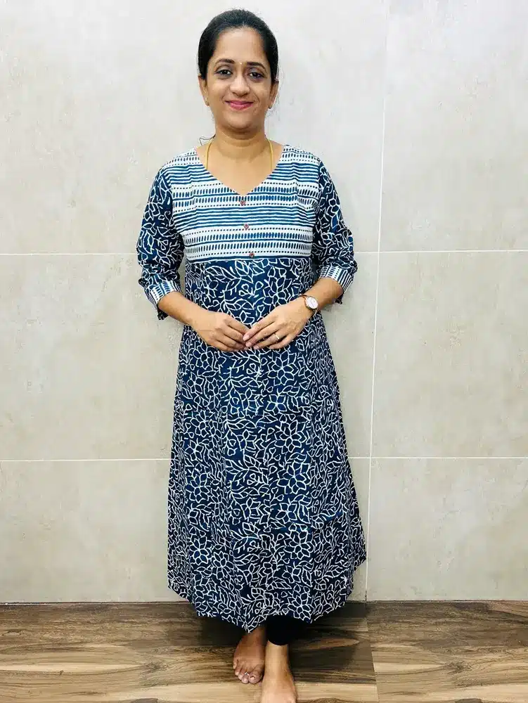 (Navy Blue)Printed cotton top(cotton lining)with fancy buttons on yoke(Anarkali pattern)