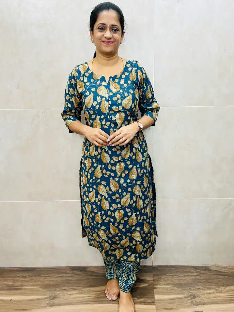 Printed premium Rayon top(cotton lining)with potli work on yoke paired with printed Rayon bottom(straight cut)