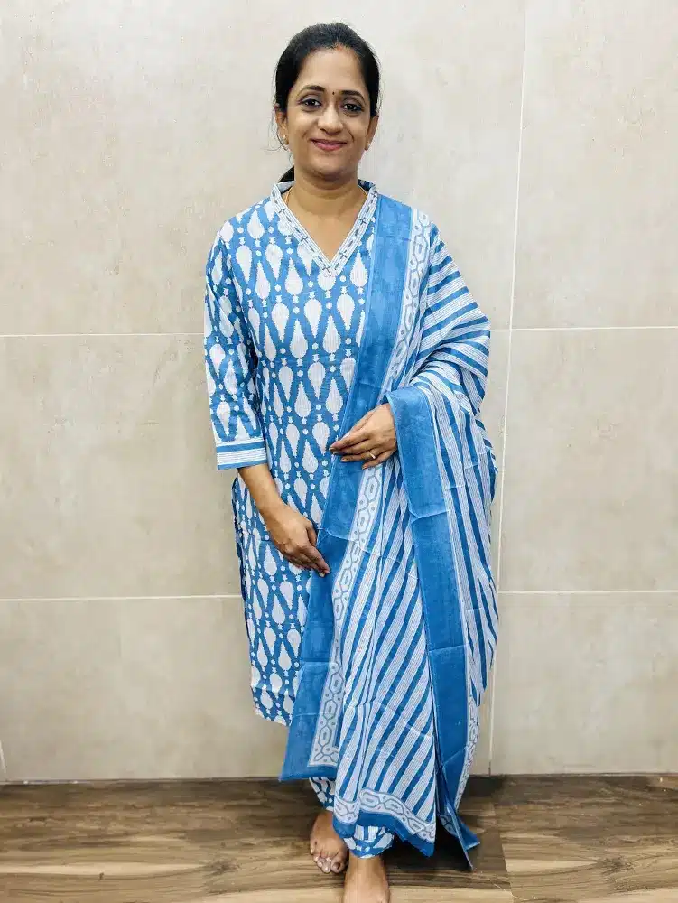 Handblock printed pure Jaipur cotton top with printed cotton dupatta and printed cotton bottom (1-side pocket)