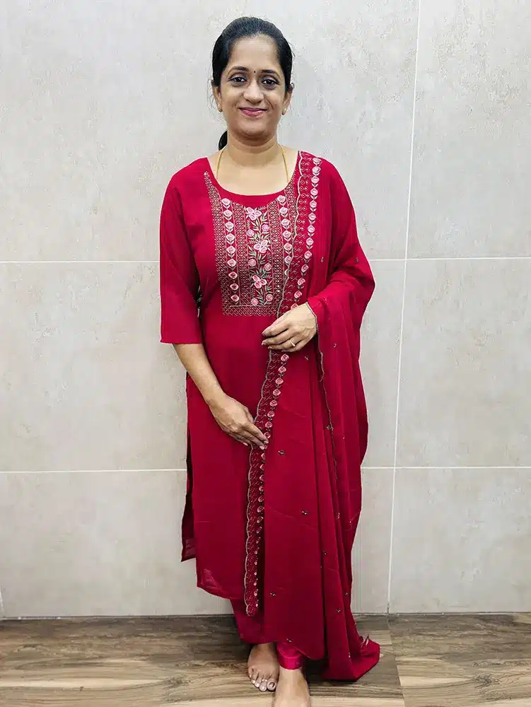 Rani pink - Georgette top (crepe lining) with beautiful embroide yoke paired with embroidered Georgette dupatta and silk bottom (straight cut)