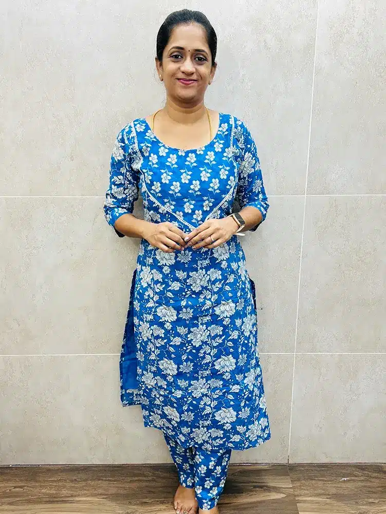 Printed cotton top (cotton lining) with cotton patchwork on yoke paired with printed cotton bottom (straight cut)