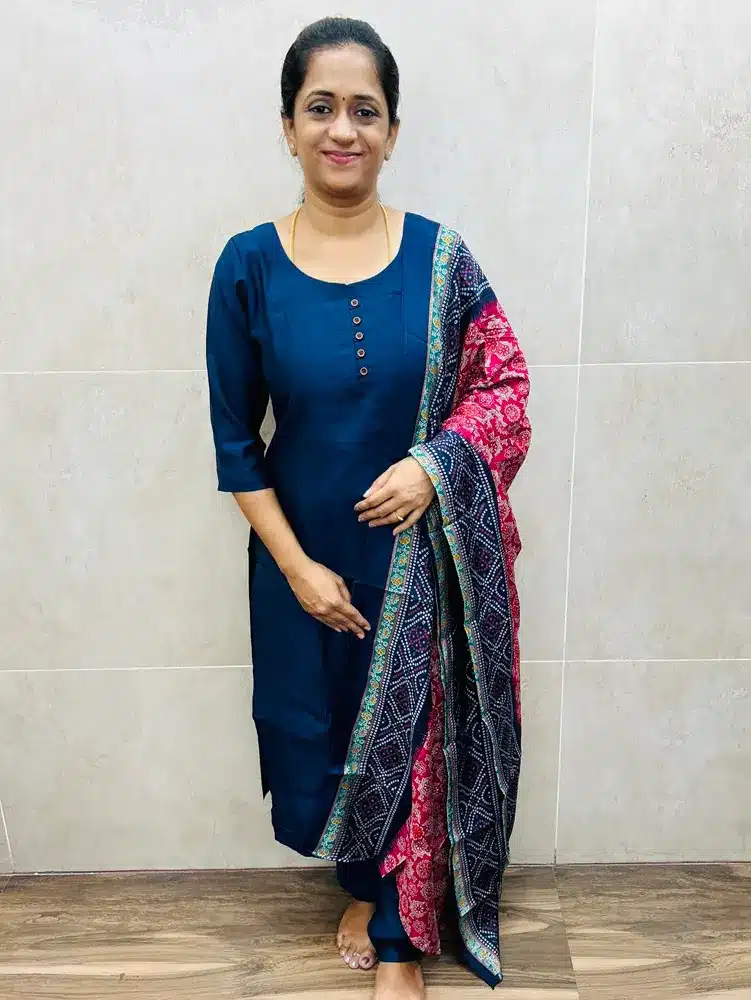 (Navy Blue-Rani Pink)Soft muslin silk top(cotton lining)with fancy buttons on yoke paired with printed muslin silk dupatta and muslin silk bottom(straight cut)