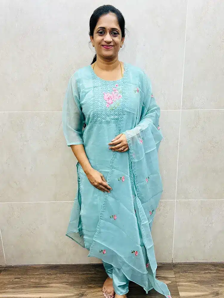 Sea blue - Premium crush viscose organza top (crepe lining) with embroidered yoke paired with embroidered crush viscose organza dupatta and silk bottom (straight cut)