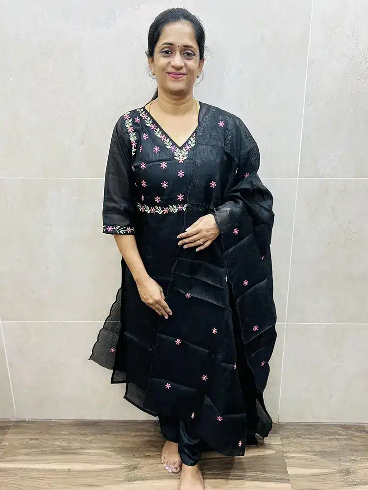 Black - Soft Kota top (crepe lining) with embroidered yoke paired with embroidered dupatta and silk bottom (straight cut)