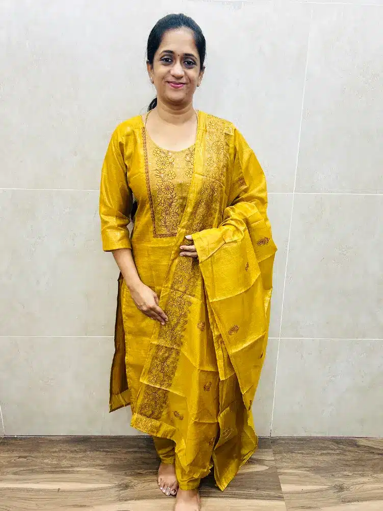 (Golden yellow)Premium soft Chanderi tissue silk top (crepe lining) with embroidered yoke paired with embroidered soft Chanderi tissue silk dupatta and silk bottom (straight cut)