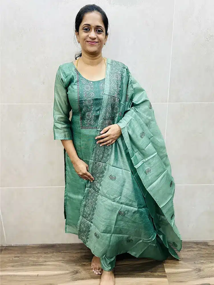 (Green)Premium soft Chanderi tissue silk top (crepe lining) with embroidered yoke paired with embroidered soft Chanderi tissue silk dupatta and silk bottom (straight cut)
