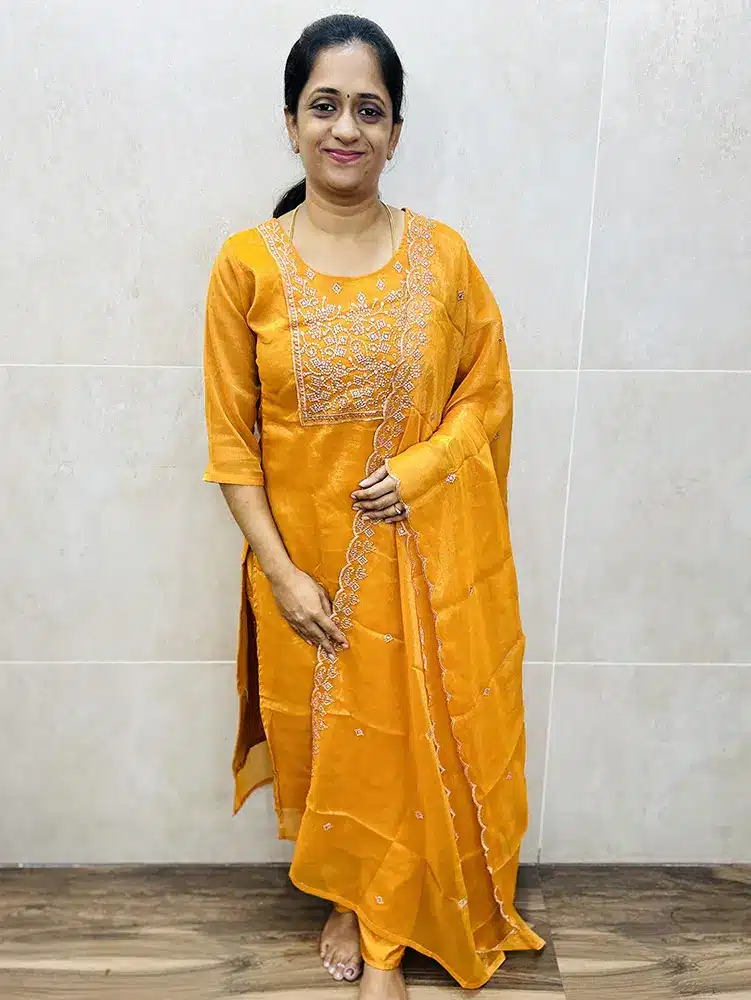 Premium soft shimmer silk top (crepe lining) with embroidered yoke paired with shimmer silk dupatta and silk bottom (straight cut)