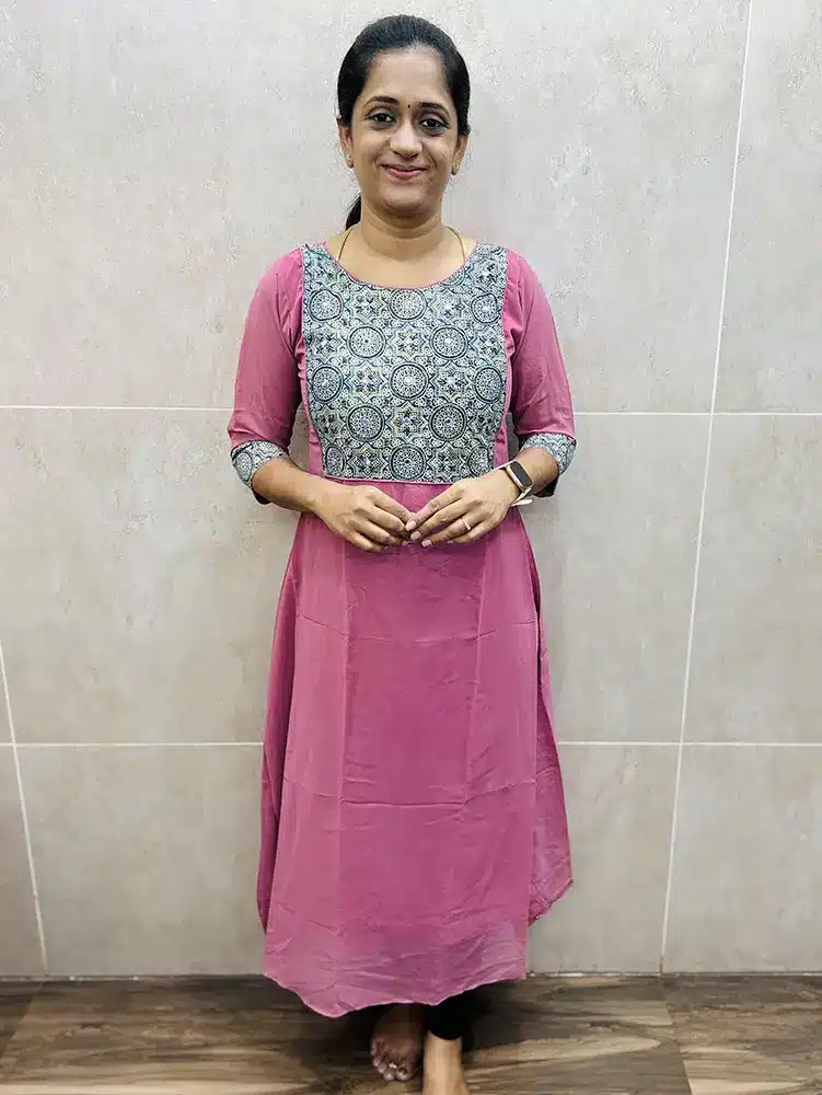 Georgette top (crepe lining) with handworked ajrakh patchwork on yoke (Aline pattern)