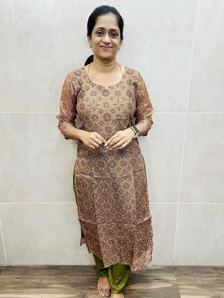 Green - Ajrakh printed Kota cotton top (crepe lining) with soft silk bottom (straight cut)