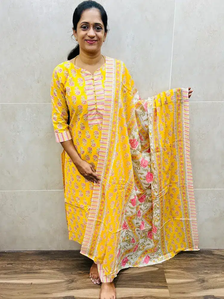 Pure cotton top (cotton lining) with printed cotton dupatta and printed cotton bottom (straight cut)