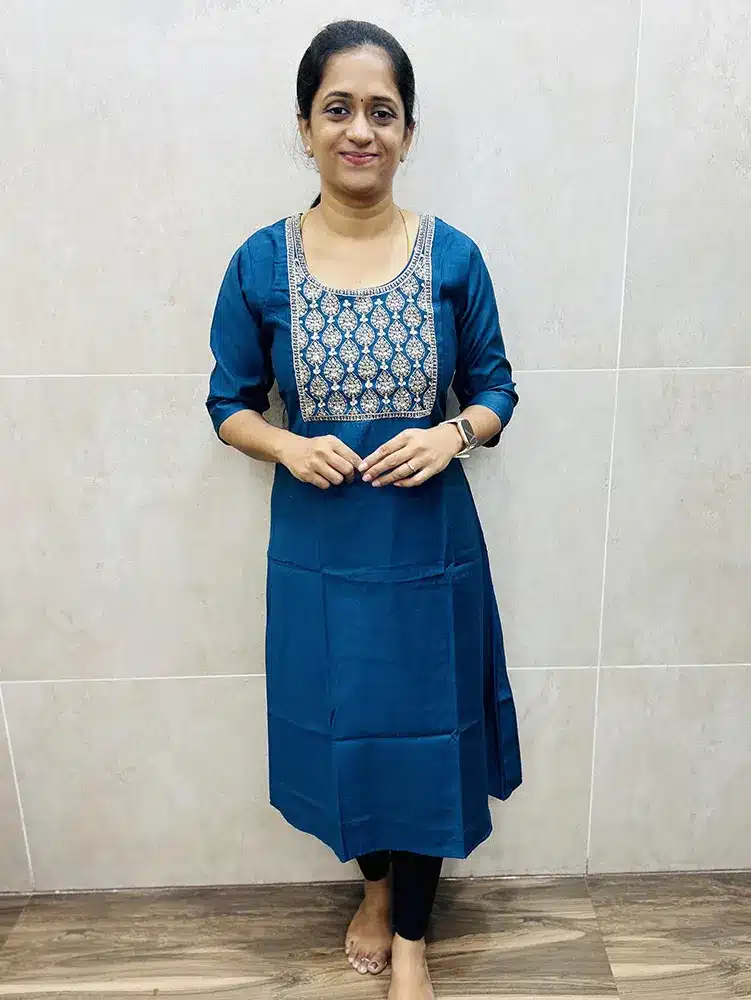 Teal Blue - Premium Rayon top with zari embroidery and handwork on yoke (Aline pattern)