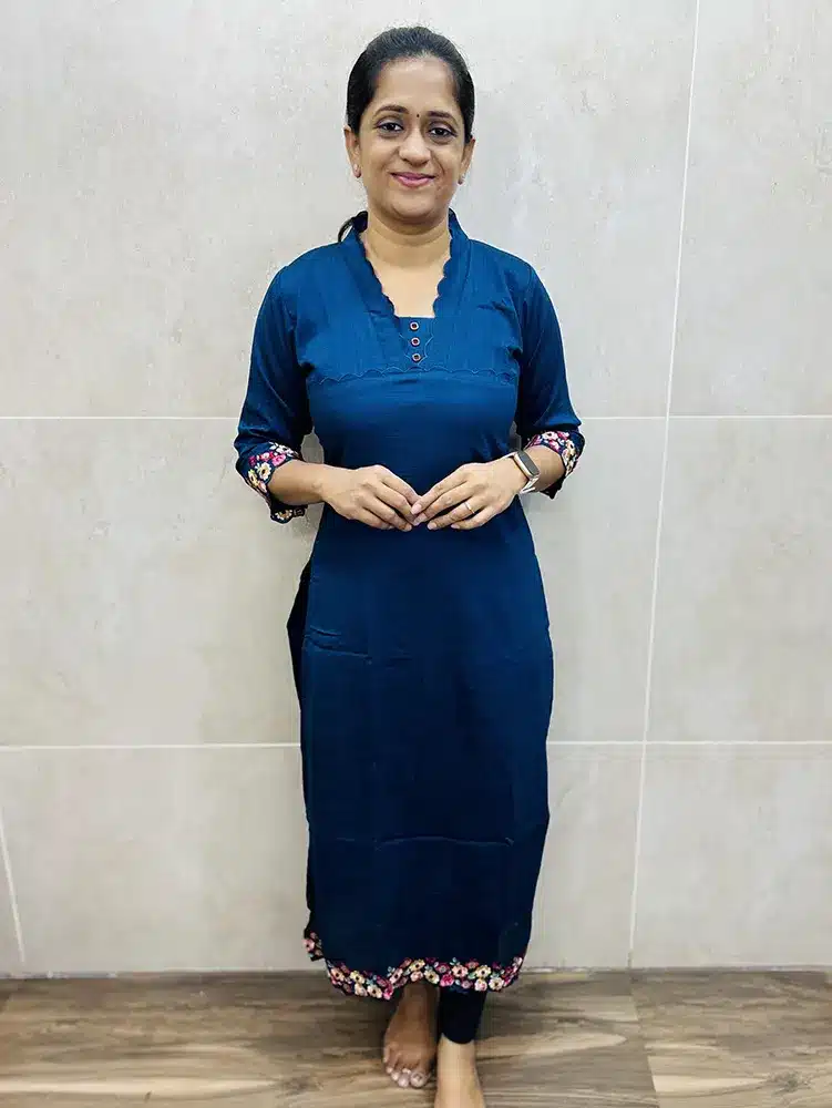 Peacock Blue - Soft silk top (full crepe lining) with embroidery work in sleeves Daman and scallop work on neck (straight cut)