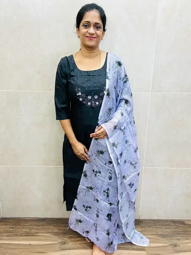 Black - Soft silk top (cotton lining) with embroidered yoke paired with printed Kota cotton dupatta and silk bottom (straight cut)