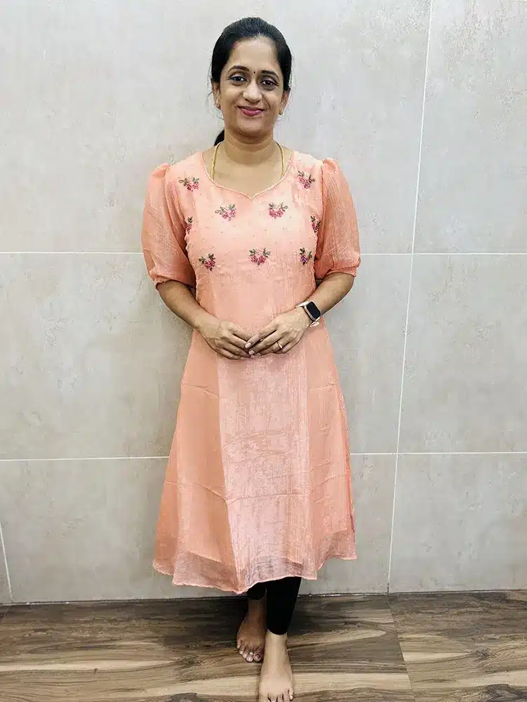 (Peach)Premium viscose organza top(crepe lining)with multicolour bead work in yoke(Aline pattern)