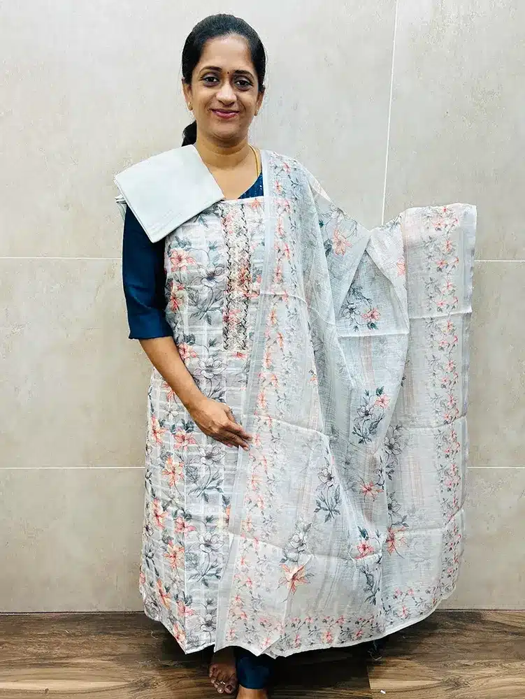 Printed linen cotton top with linen cotton dupatta and cotton silk bottom