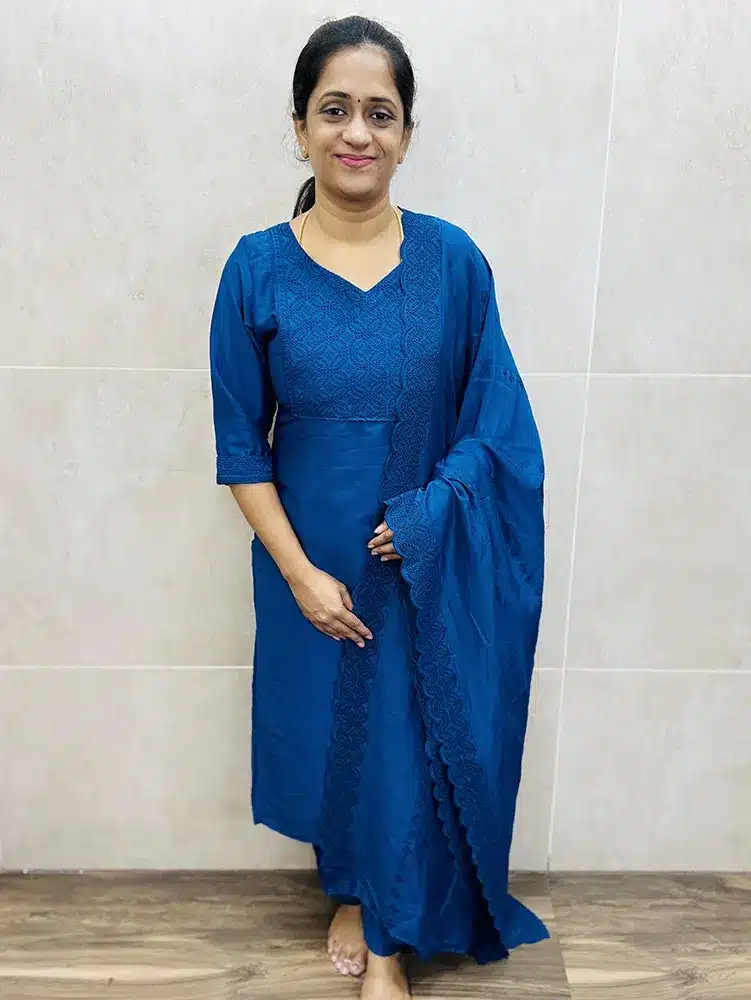 Royal Blue - Premium silk top (crepe lining) with Hakoba cutwork on yoke and sleeves paired with cutworked dupatta and silk bottom (straight cut)