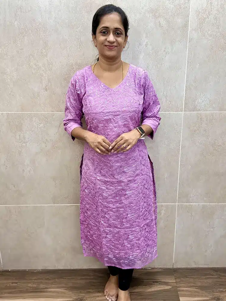 Lavendar - Soft Kota top (full crepe lining) with allover phulkari embroidery (straight cut)