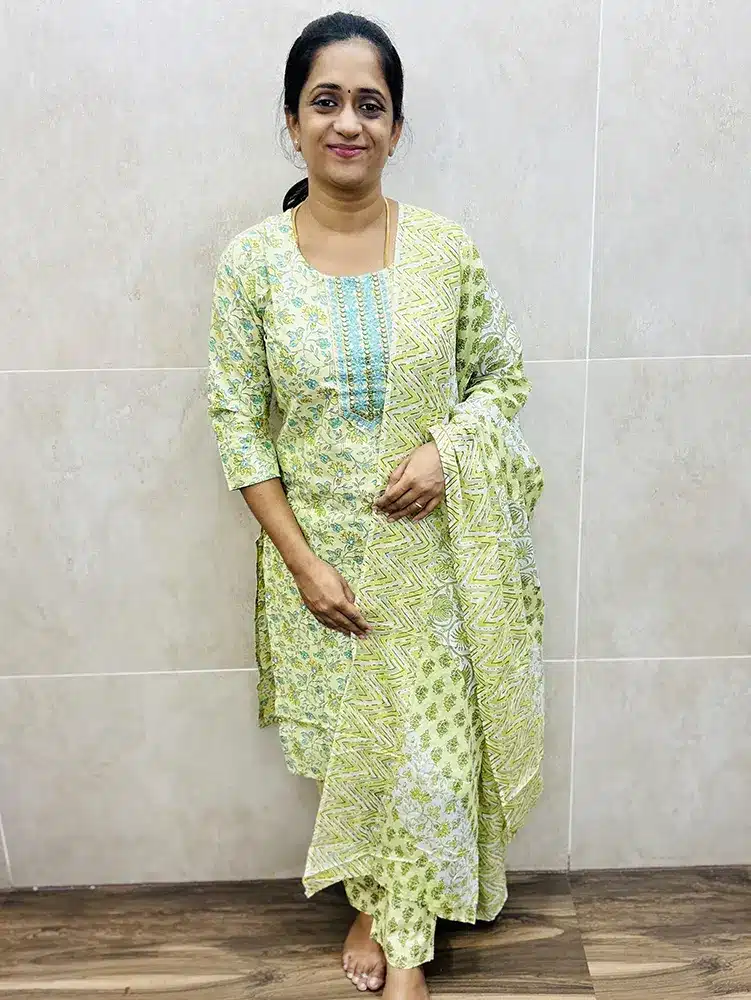 Printed cotton top with embroidered yoke paired with printed cotton dupatta and cotton bottom (pencil fit pattern)