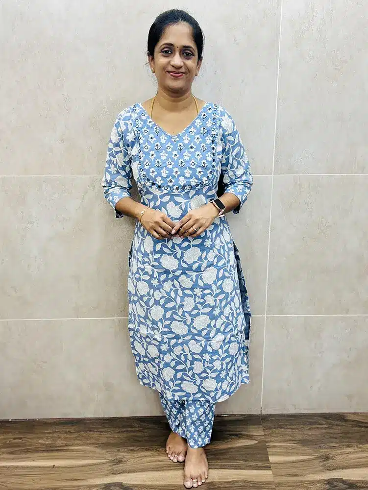 Premium Jaipur cotton top (cotton lining) with handworked yoke paired with printed cotton bottom (straight cut)