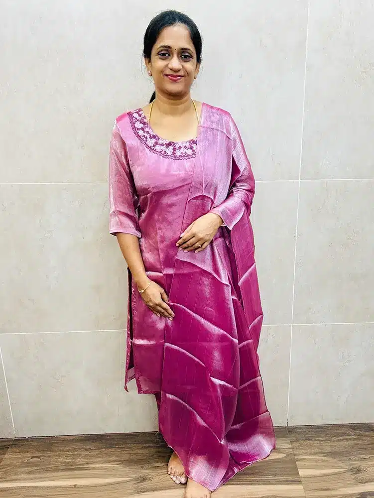 Onion pink - Premium soft tissue silk top (crepe lining) with embroidered yoke paired with soft tissue silk dupatta and silk bottom (straight cut)