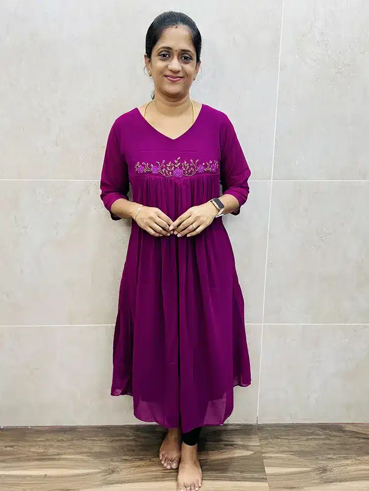 Vada malli shade - Georgette top (crepe lining) with pleated flare and handworked yoke (Aline pattern)