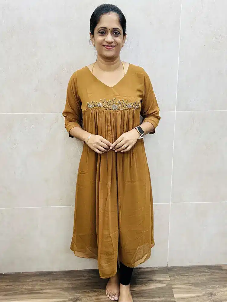 Khaki brown - Georgette top (crepe lining) with pleated flare and handworked yoke (Aline pattern)