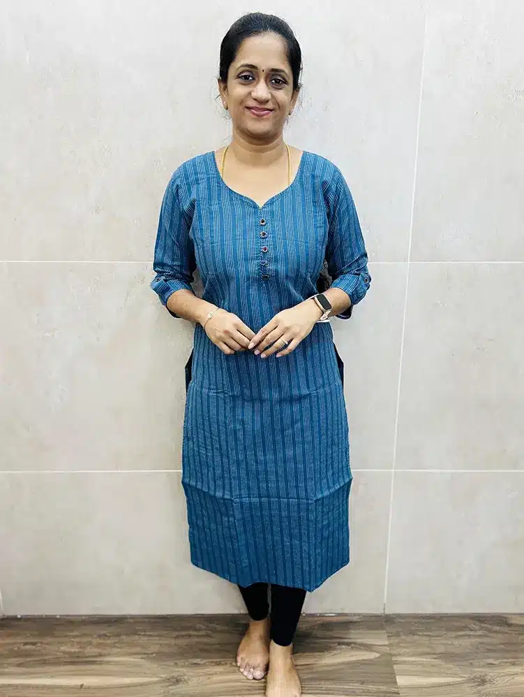 Pure cotton top (cotton lining) with allover Kantha work and fancy button on yoke and sleeves (straight cut)