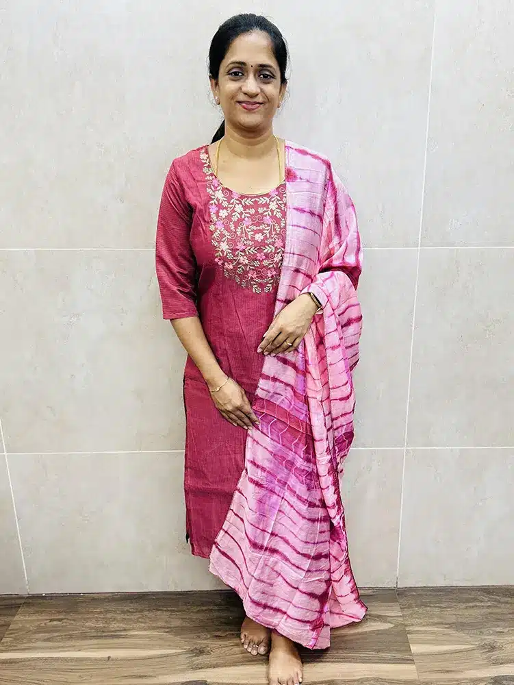 Onion pink - Premium textured soft silk top (crepe lining) with embroidered yoke paired with Shibori dyed soft silk dupatta and silk bottom (straight cut)