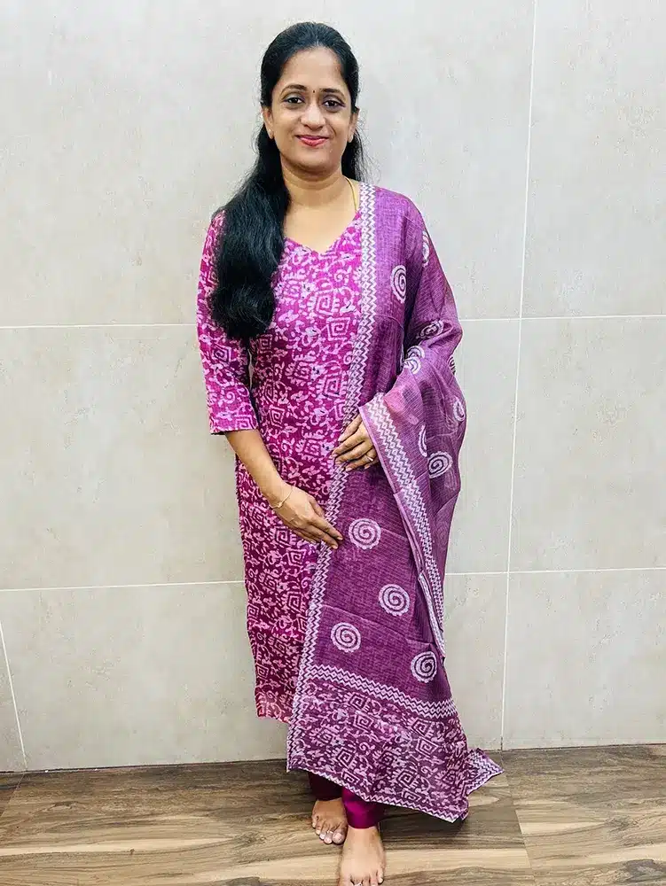 Onion pink - Batik printed soft Kota cotton top(full crepe lining) paired with printed Kota dupatta and silk bottom(straight cut)