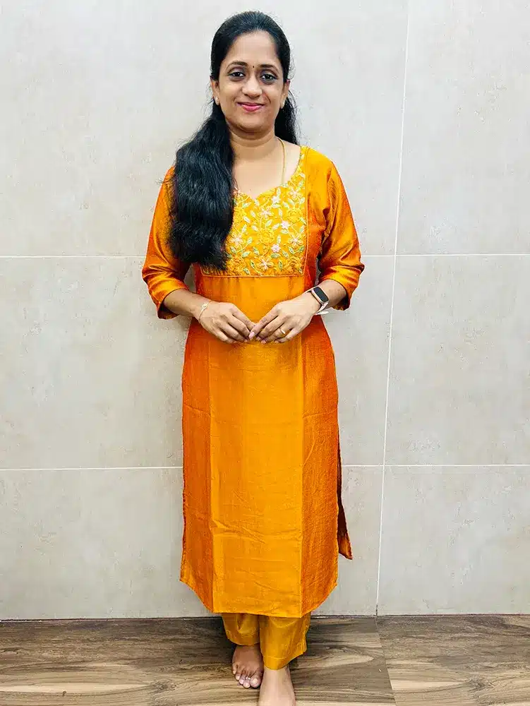 Soft crepe silk top (full crepe lining) with embroidered yoke paired with soft silk bottom (straight cut)