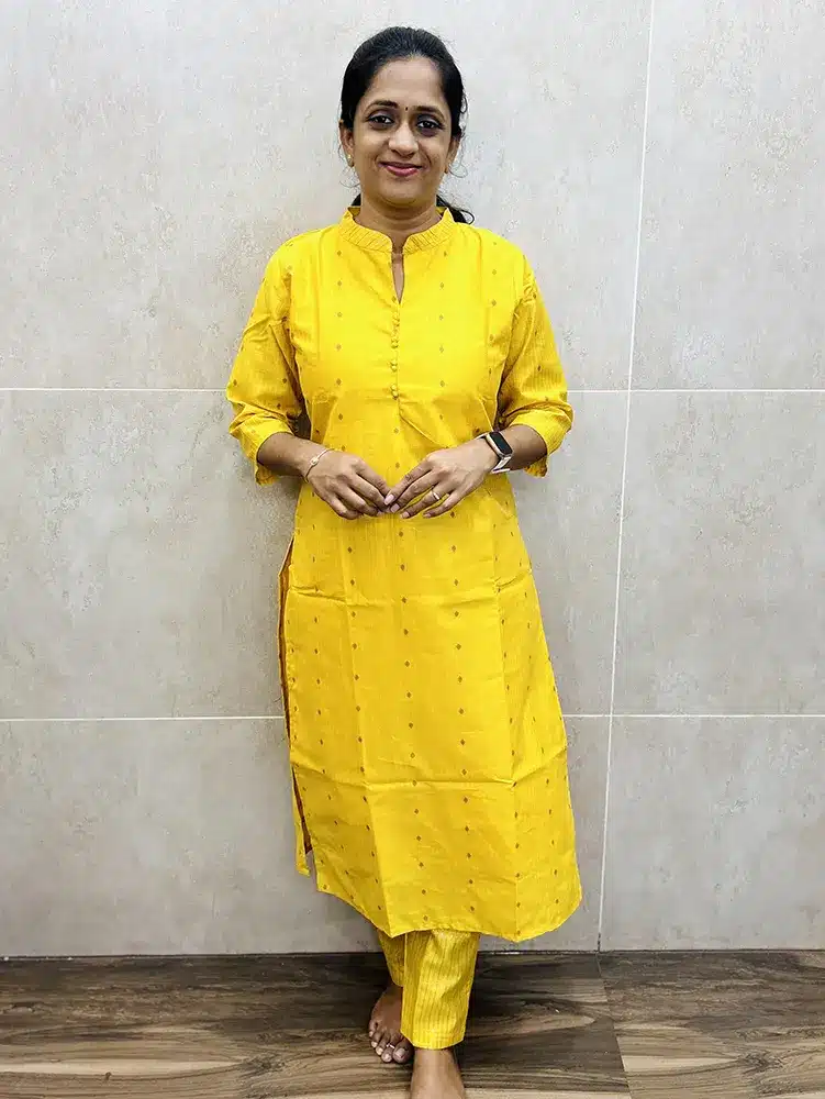 Yellow - Premium semi raw silk top (cotton lining) with allover weaving buttas paired with semi raw silk bottom (straight cut)