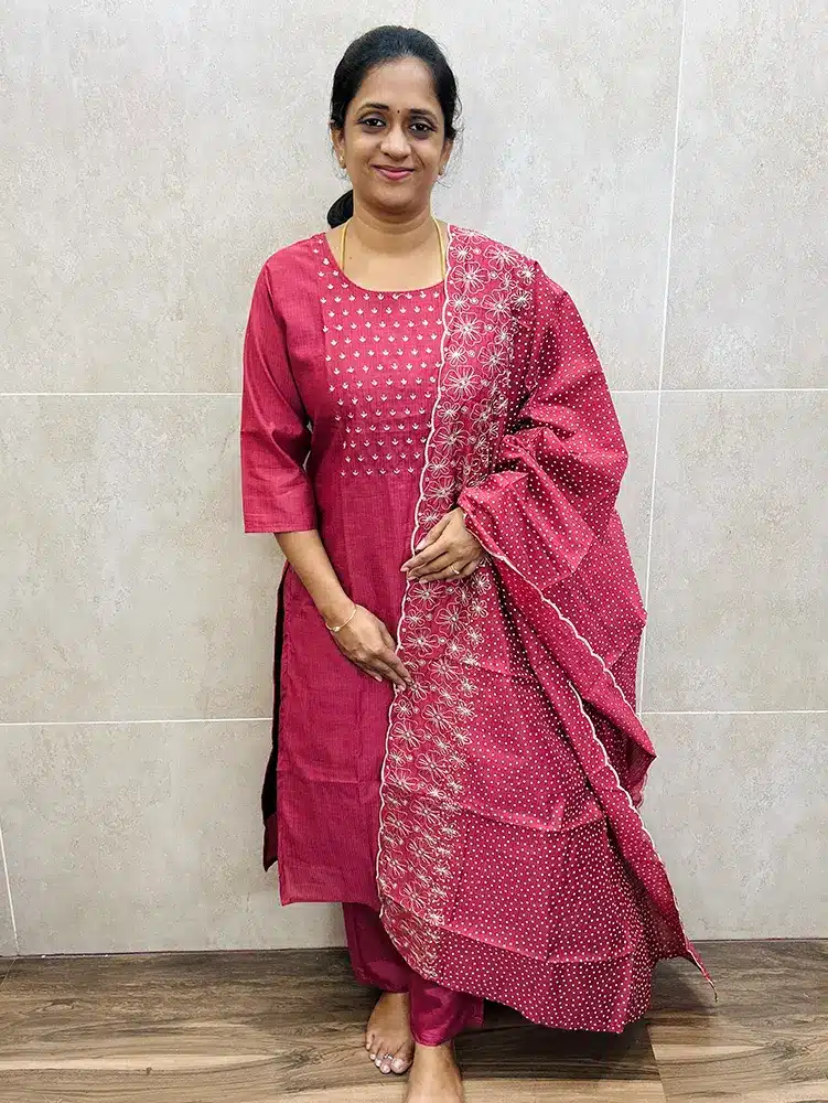 Premium soft textured silk top (crepe lining) with embroidered yoke paired with printed soft silk dupatta and silk bottom (straight cut)